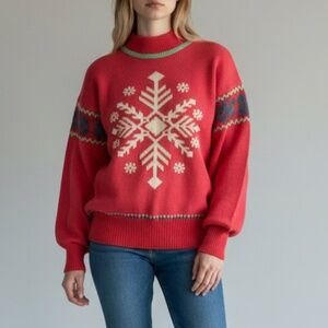 OBERMEYER Womens Vintage Ski Sweater Graphic Snowflake Pink White Wool Blend - S